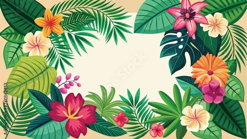 Tropical background with flowers and palm leaves. Vector © Rony