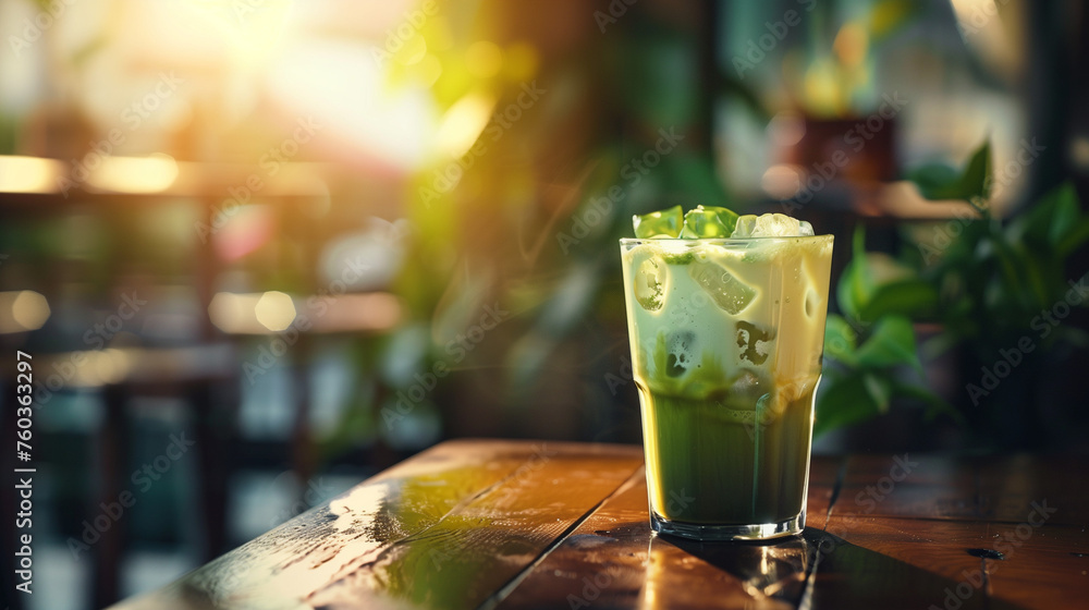 Aesthetic glasses with iced matcha lattes are beautifully arranged on wooden cafe tables, offering a tempting view. Ai generated Images Aesthetic glasses with iced matcha lattes are beautifully arranged on wooden cafe tables, offering a tempting view. Ai generated Images
