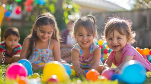 Children playing joyfully in a backyard filled with colorful toys and a loving family watching over them.