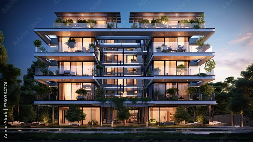 landscaping exterior condominium building illustration roof patio ... - Condominium Roofing Systems With Nature In Mind