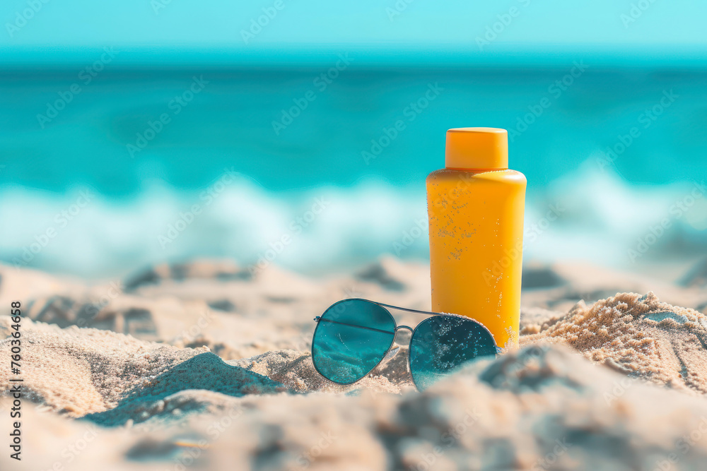 Sunscreen lotion, sunglasses on sandy beach as background - obrazy, fototapety, plakaty 