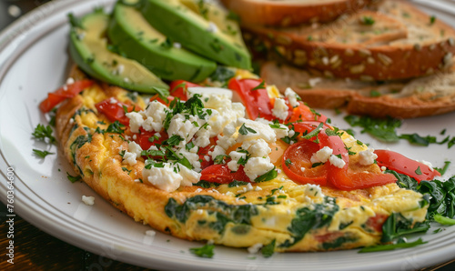 Wallpaper Mural fluffy egg omelette frittata with sauteed spinach tomatoes and avocado and toast, breakfast vegetarian dish Torontodigital.ca