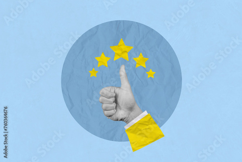 Creative art collage of showing thumb up with star for a five-star rating on his customer experiences with service show his positive feedback photo