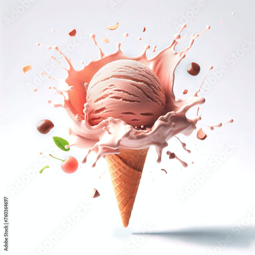 ice cream in a waffle cone with splashes on a white background