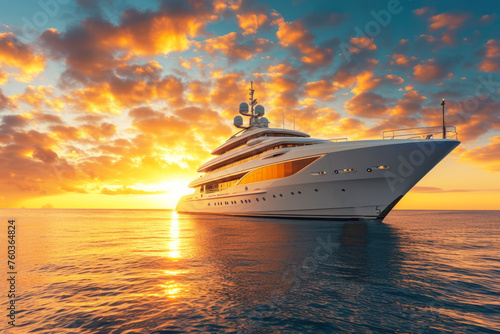 A luxury mega yacht in the ocean at a sunset