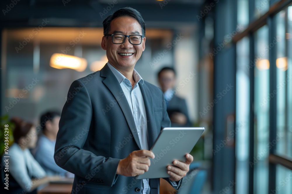 Business man Asian in a suit is smiling and holding a tablet. He is surrounded by other people, some of whom are also smiling. Concept of professionalism and positivity Business man Asian in a suit is smiling and holding a tablet. He is surrounded by other people, some of whom are also smiling. Concept of professionalism and positivity