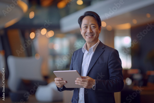 Business man Asian in a suit holding a tablet. He is smiling and he is happy. Concept of modernity and technology, as the man is using a tablet while dressed in a business suit