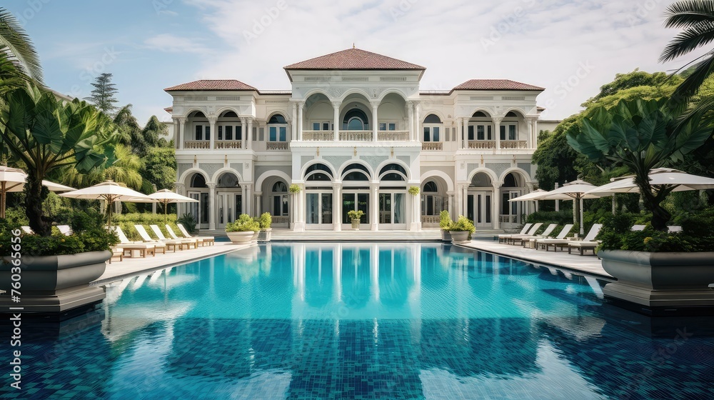 architecture pool mansion building illustration design modern, spacious opulent, exclusive lavish architecture pool mansion building