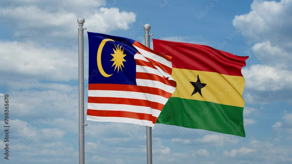 Ghana and Malaysia two flags waving together, looped video, two country relations concept Ghana and Malaysia two flags waving together, looped video, two country relations concept