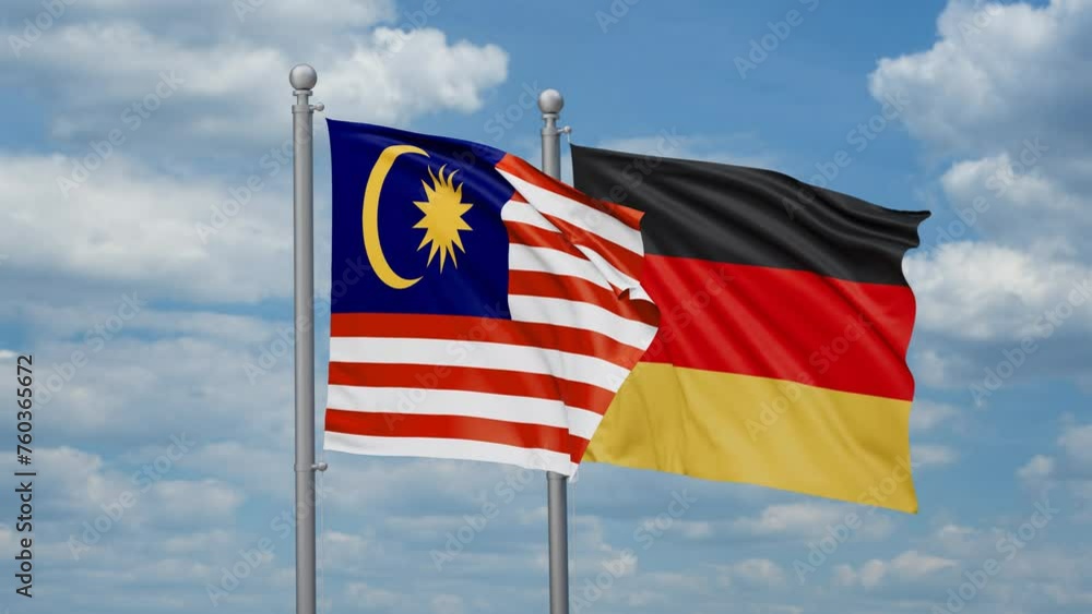 Germany and Malaysia two flags waving together, looped video, two country relations concept Germany and Malaysia two flags waving together, looped video, two country relations concept