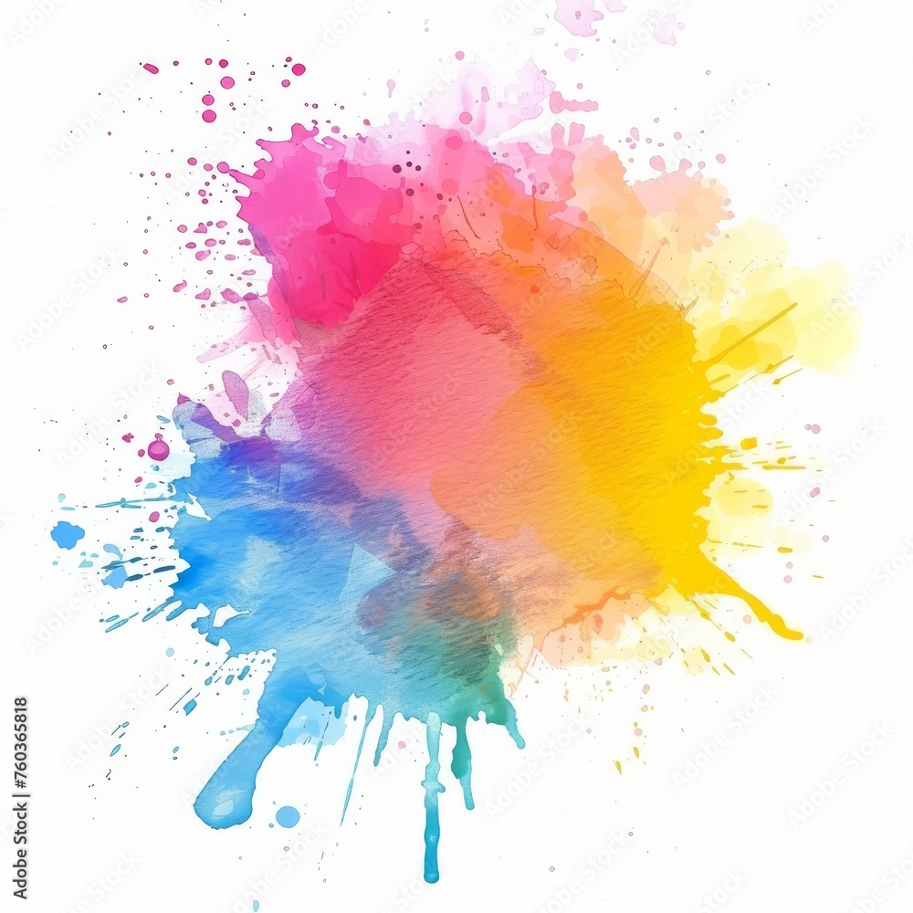 Description: Abstract watercolor explosion in a spectrum of colors on a white background, perfect for creative designs.