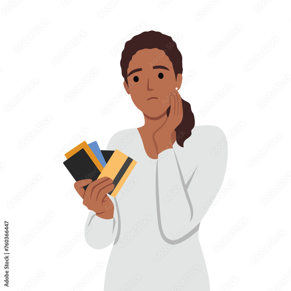 Unhappy woman holding credit cards feel confused with bank loan. Upset female client with deposit card distressed with bankruptcy. Flat vector illustration isolated on white background Unhappy woman holding credit cards feel confused with bank loan. Upset female client with deposit card distressed with bankruptcy. Flat vector illustration isolated on white background