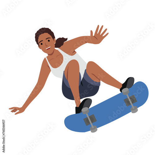 Young smiling woman riding on skate board. Flat vector illustration isolated on white background