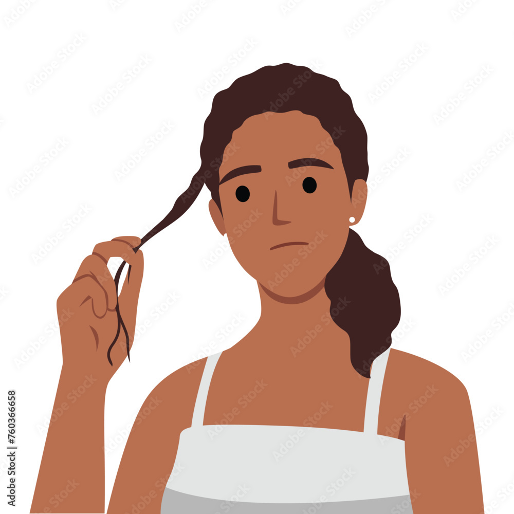 Sad girl with split ends problem. Lack of vitamins, improper hair care. Flat vector illustration isolated on white background Sad girl with split ends problem. Lack of vitamins, improper hair care. Flat vector illustration isolated on white background