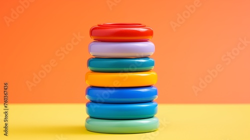 Colorful stacking rings forming a tower of joy on a vibrant orange mat  symbolizing early milestones.