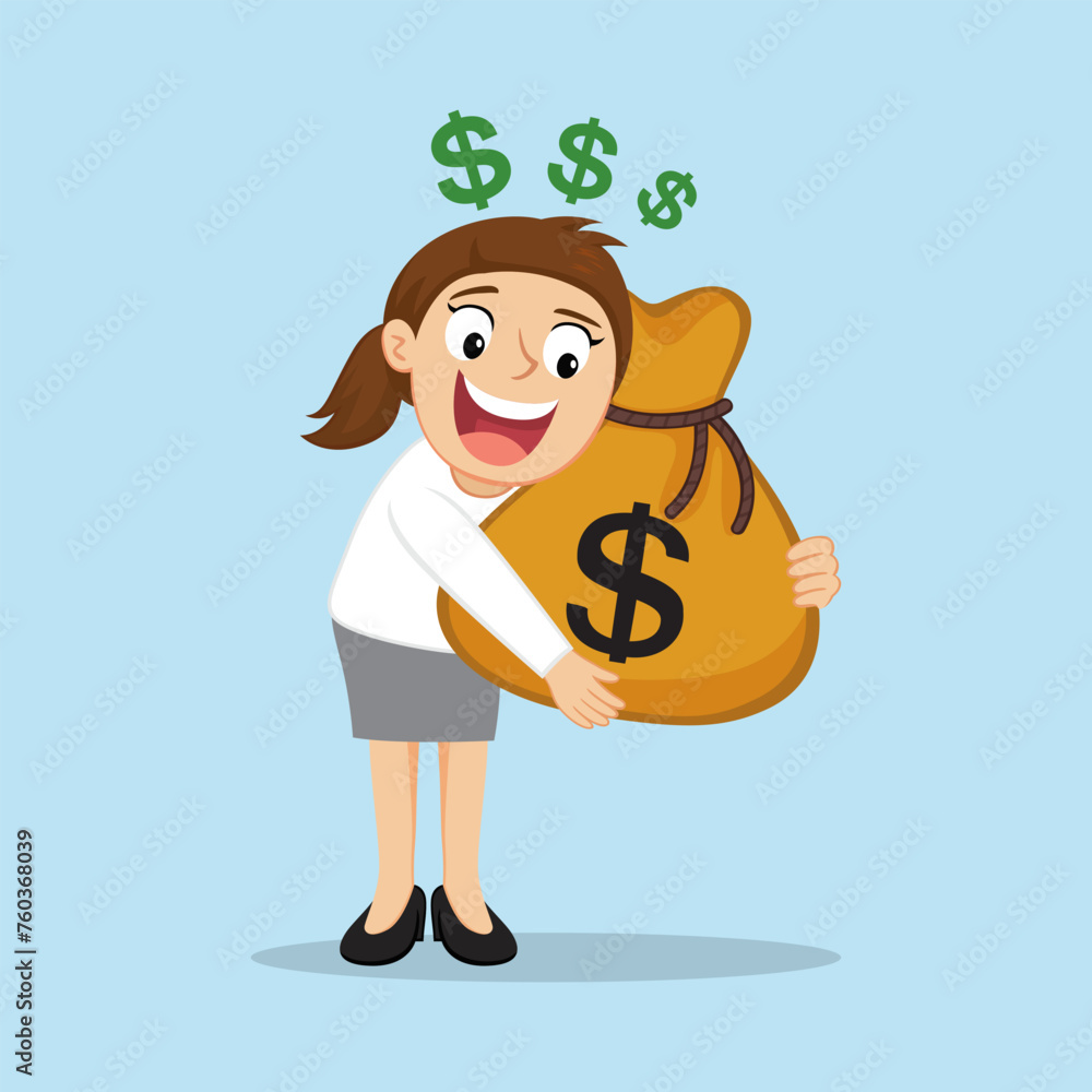 Businesswoman hugging money sack. Flat, Poster, Vector, Illustration, Cartoon, EPS10. Businesswoman hugging money sack. Flat, Poster, Vector, Illustration, Cartoon, EPS10.