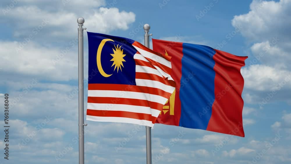 Mongolia and Malaysia two flags waving together, looped video, two country cooperation concept Mongolia and Malaysia two flags waving together, looped video, two country cooperation concept