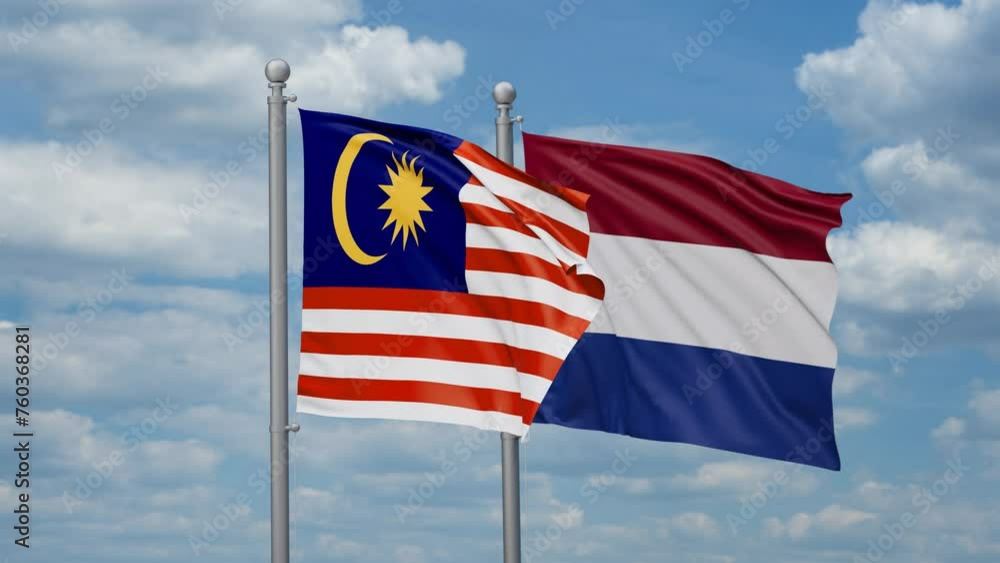Netherlands and Malaysia two flags waving together, looped video, two country relations concept Netherlands and Malaysia two flags waving together, looped video, two country relations concept