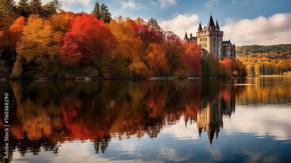 Obraz premium architecture autumn castle building illustration history stone, tower kingdom, medieval ruins architecture autumn castle building