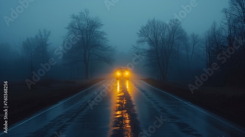 A road through a misty forest at night. Conceptual image.