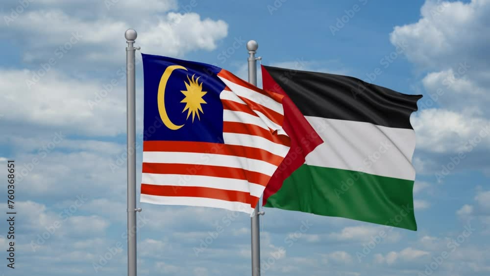 Palestine and Gaza Strip and Malaysia two flags waving together on blue sky, looped video Palestine and Gaza Strip and Malaysia two flags waving together on blue sky, looped video