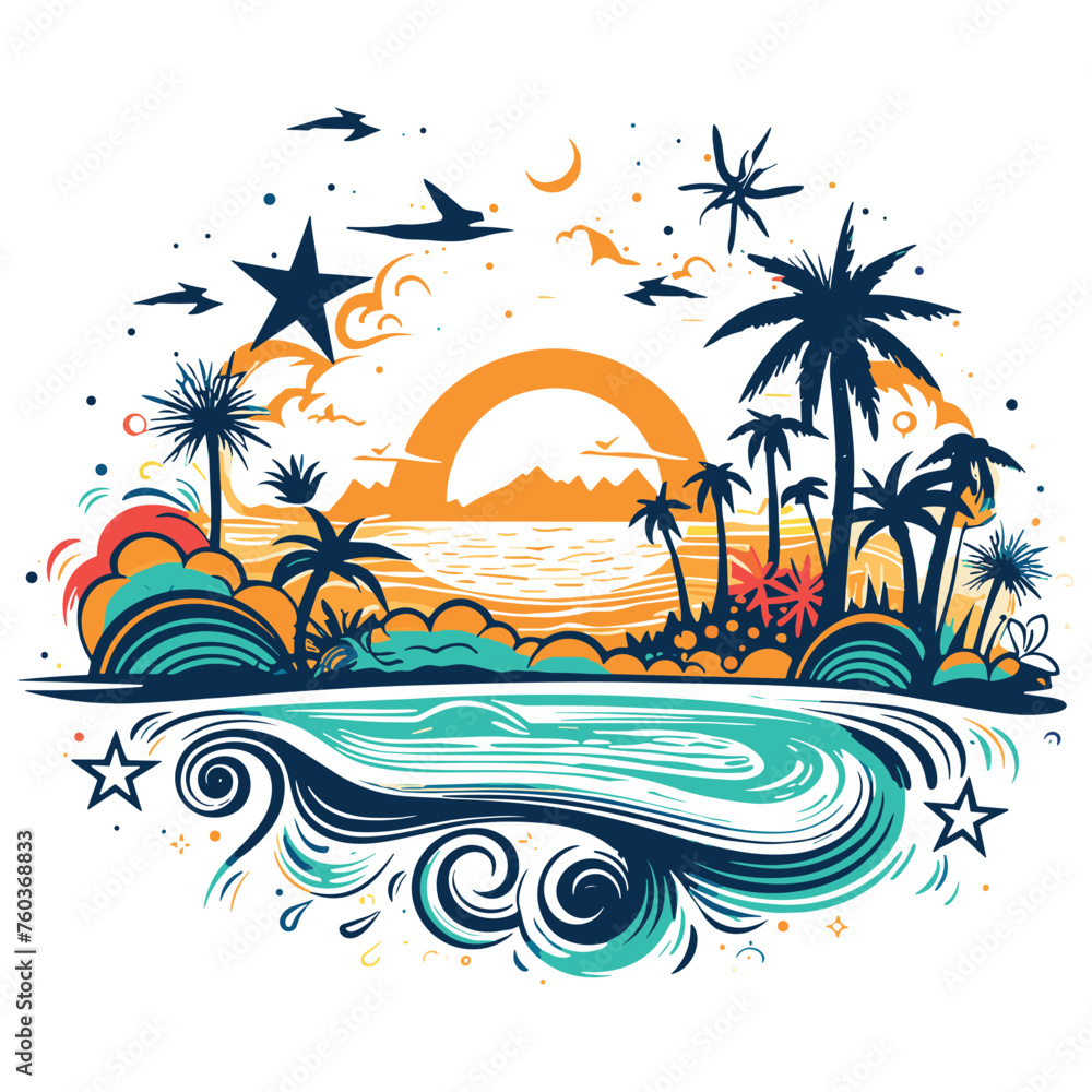 Summer vector elements, Vector Illustrations for Summer, Line Art Graphics for Summer, Beach-Themed Vector Elements, Summer Line Art Vectors, 