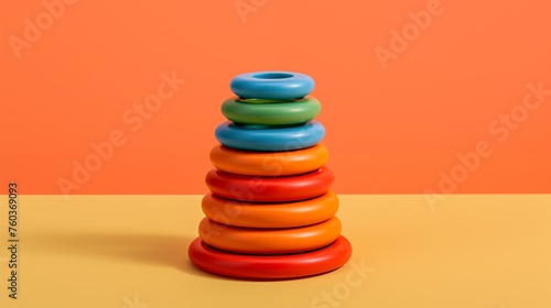Colorful stacking rings forming a tower of joy on a vibrant orange mat, symbolizing early milestones.