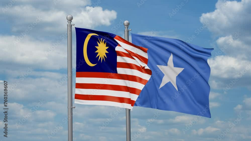 Somalia and Malaysia two flags waving together, looped video, two country cooperation concept Somalia and Malaysia two flags waving together, looped video, two country cooperation concept