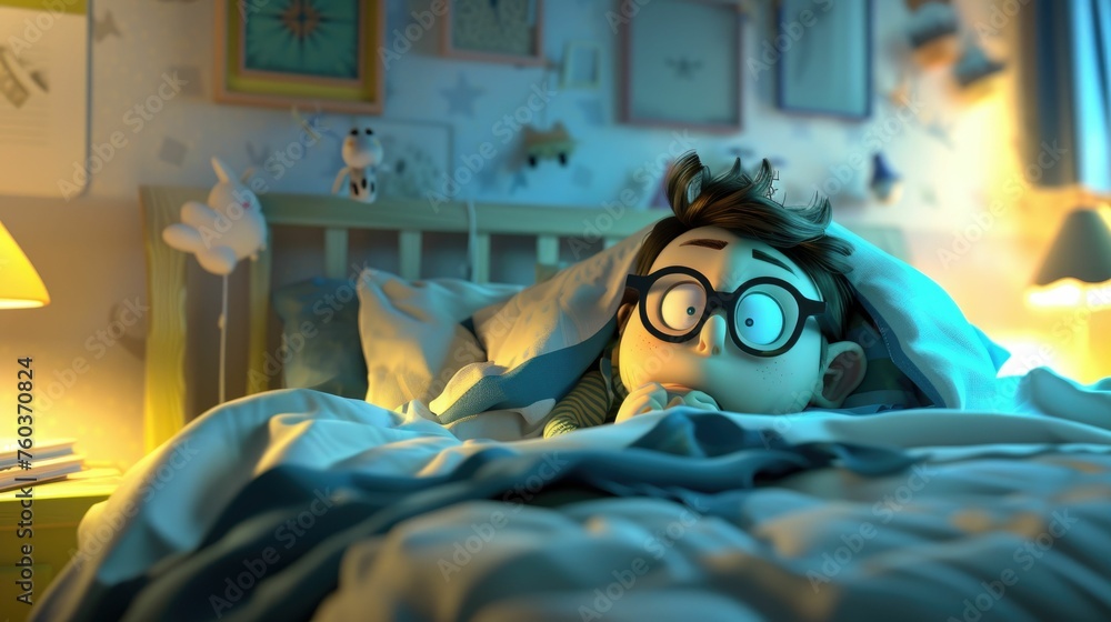 Sleepless nights filled with lurking nightmares, fearful bedtime in 3D cartoon animation - obrazy, fototapety, plakaty 