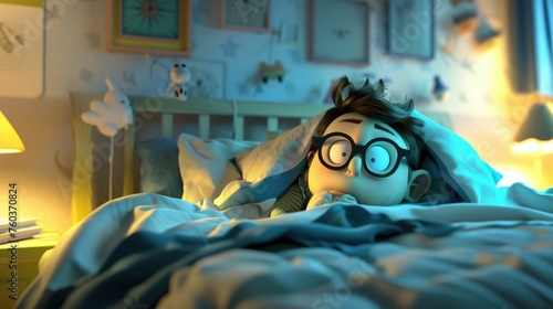 Sleepless nights filled with lurking nightmares, fearful bedtime in 3D cartoon animation