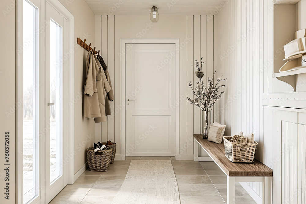 Interior stylish modern wooden entrance hallway decor with cozy wooden ...