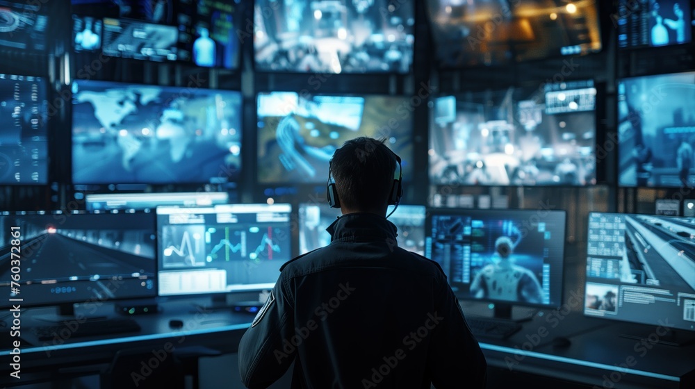 A professional security operator diligently monitors multiple CCTV screens, showing various live footage from different locations, ensuring safety and quick response in a high-tech control room - obrazy, fototapety, plakaty 
