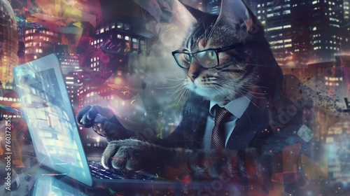 An imaginative depiction of a cat in business attire, engrossed in work on a laptop, with the vibrant lights and dynamic energy of a bustling cityscape blending into the scene