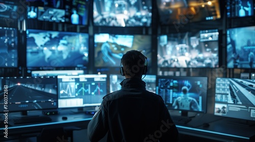 A professional security operator diligently monitors multiple CCTV screens, showing various live footage from different locations, ensuring safety and quick response in a high-tech control room photo
