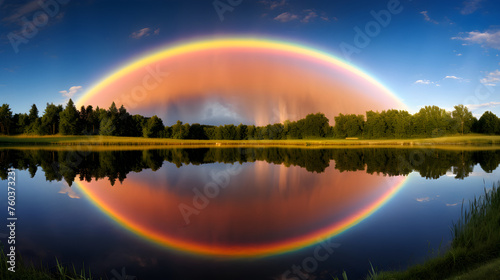 Ethereal Twilight Sky with Spectacular Double Rainbow Arcing over a Serene Landscape