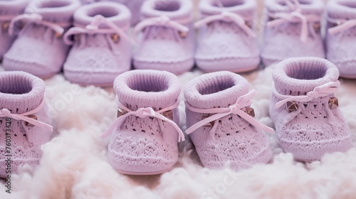 Cute baby booties in pastel hues arranged with care on a soft, textured blanket.
