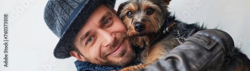 Selfie photo of a man wearing hat with his dog on a white background, generative AI