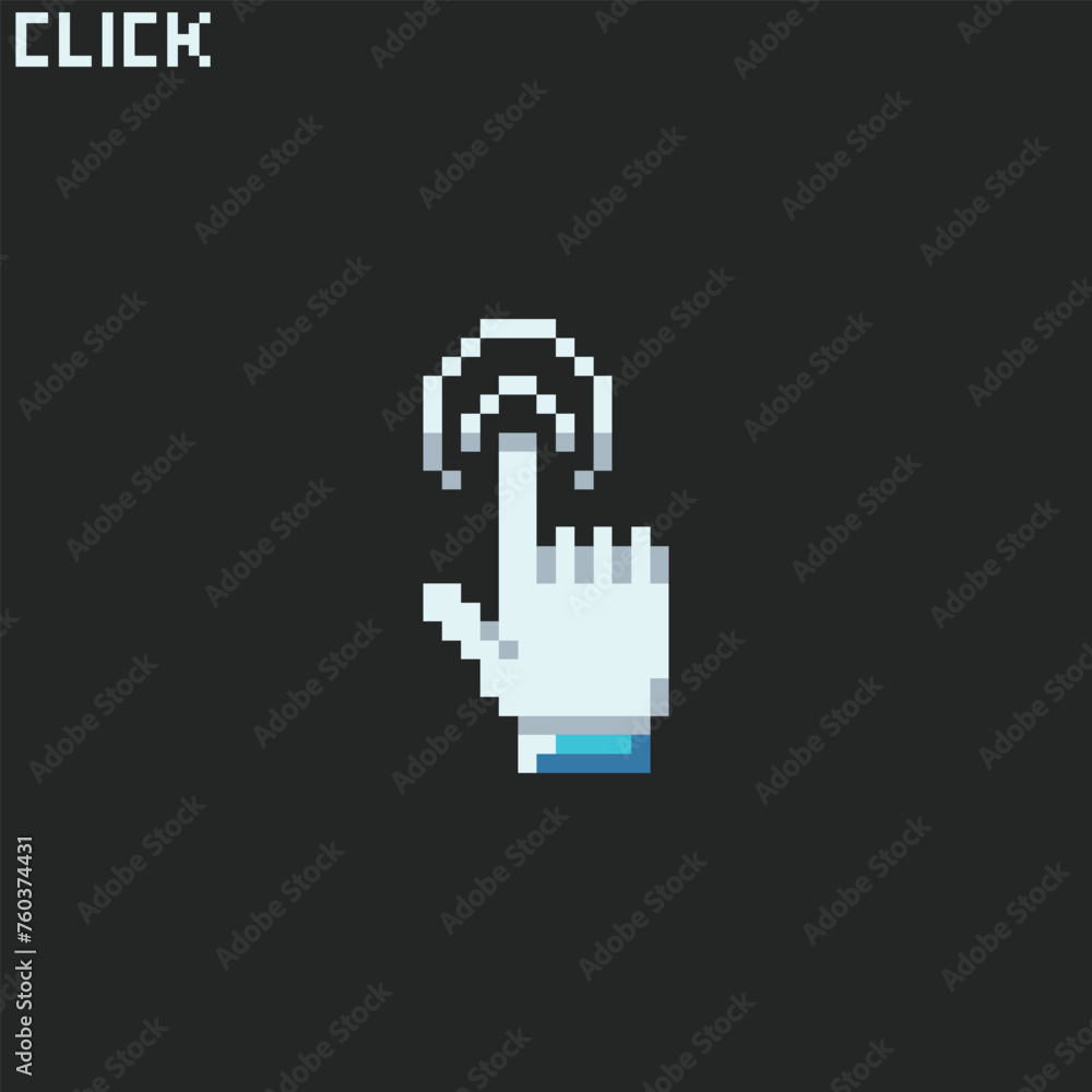 this is click icon in pixel art with simple color and black background ,this item good for presentations,stickers, icons, t shirt design,game asset,logo and your project.