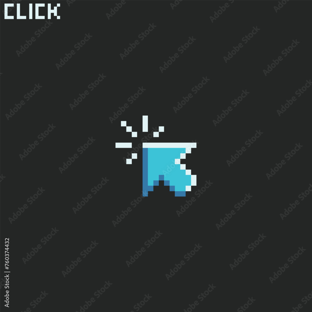 Obraz premium this is click icon in pixel art with simple color and black background ,this item good for presentations,stickers, icons, t shirt design,game asset,logo and your project.