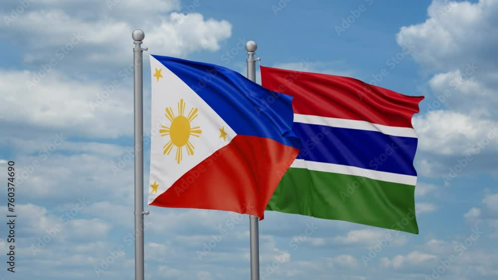 Gambia and Philippines two flags waving together, looped video, two country relations concept Gambia and Philippines two flags waving together, looped video, two country relations concept