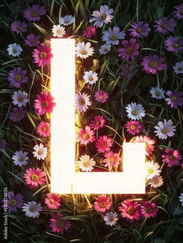 The image is a flowery background with a white letter L in the middle
