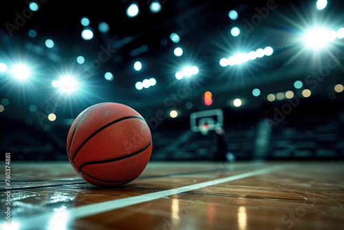 Basketball game sport arena stadium court on spotlight with basket ball on floor