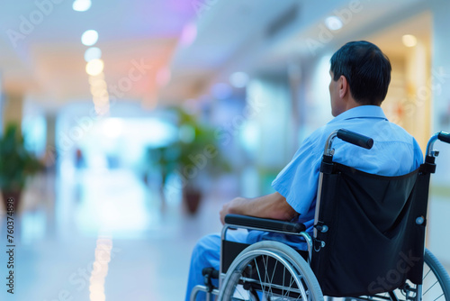 Disabled man on a wheelchair in hospital copy space. Closeup of a man in a wheelchair with blurred background