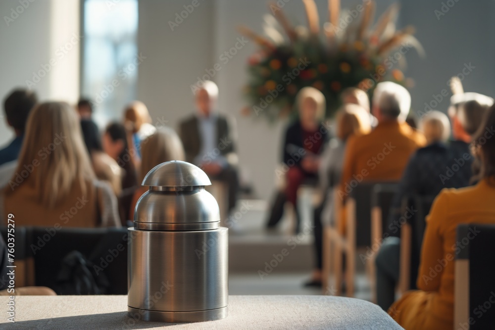 minimalistic grey urn with ashes on the table, family farewell ceremony to a loved one, with a crowd of people, copy space for text. Funeral concept. Final resting place for a departed soul. - obrazy, fototapety, plakaty 