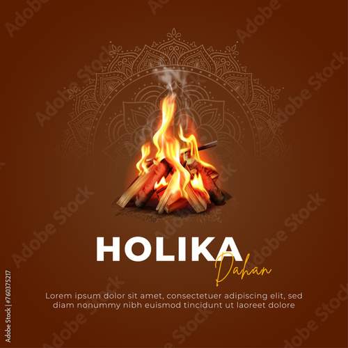 Happy Holika Dahan wish and Greeting Card. Holika Dahan Celebration Post and Flyer Design and Vector Illustration photo