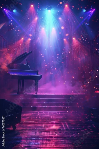 A piano is on stage in front of a bright purple and blue stage