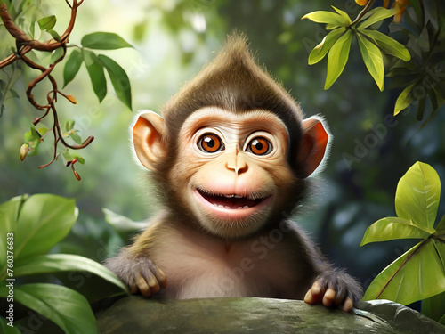 Happy and Playful Cartoon Monkey in a Tropical Jungle