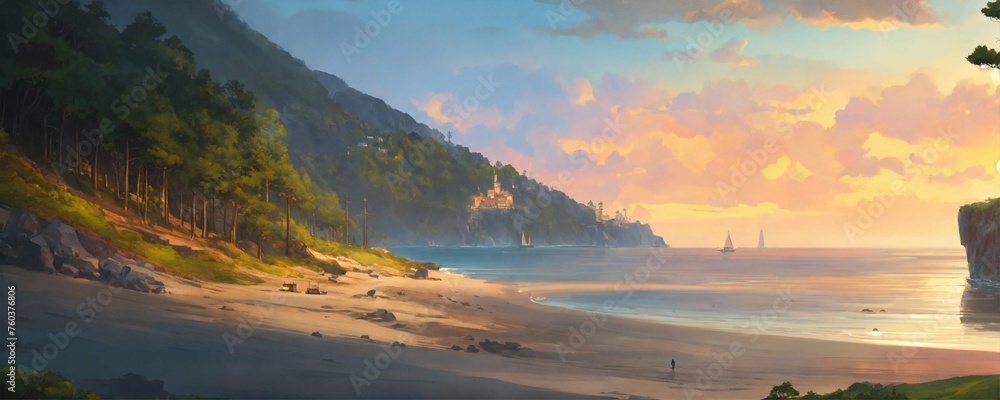 Pine Forested mountainous coastline cliff with beach, two caravels, dark sea, sunrise, highly detailed, digital painting, artstation, concept art, smooth, sharp focus, illustration, landscape
