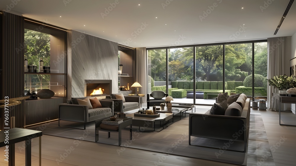 Elegant Living Room with High-End Dark Grey Sofas Overlooking a Manicured Garden Elegant Living Room with High-End Dark Grey Sofas Overlooking a Manicured Garden
