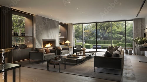 Elegant Living Room with High-End Dark Grey Sofas Overlooking a Manicured Garden © Rudsaphon